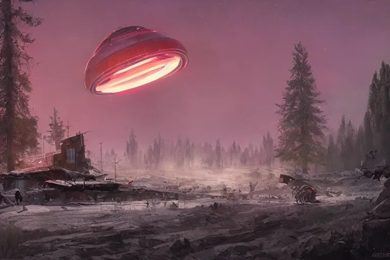 Image similar to a beautiful matte painting of a alien spaceship over the soviet village simon stalenhag and jakub rozalski and alan bean, trending on artstation, realistic rendering