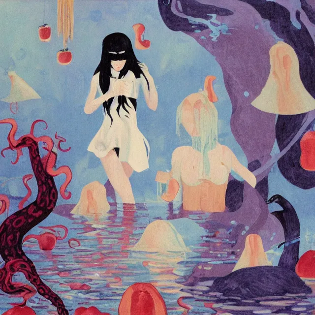 Prompt: tall female emo artist holding berry pancakes in her flooded apartment, pomegranates, octopus, water gushing from ceiling, painting of flood waters inside an artist's apartment, a river flooding indoors, mushrooms, ikebana, zen, rapids, waterfall, black swans, canoe, berries, acrylic on canvas, surrealist, by magritte and monet