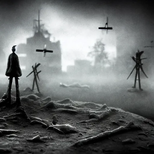 Image similar to the world war 3, surrealistic detailed claymation art, dark, moody, foggy