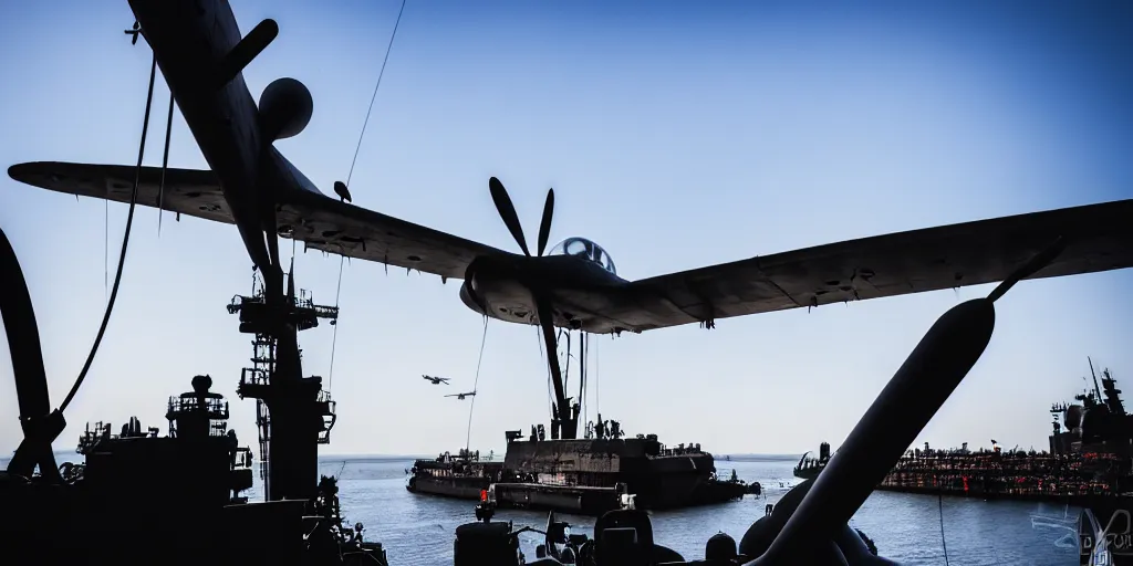 Image similar to warplane stand still on war ship, a dog cartoon symbol on its tail, sun on the background, a little bit silhouette, high quality, award winning photography, photo professional, photography, 2 4 mm lens, f 2. 0, high quality, sharpen, detailed, 8 k, hd, uhd, color grading