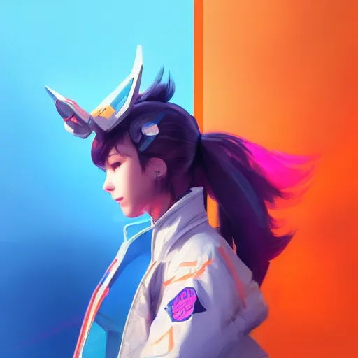 Image similar to waking dream, d. va from overwatch wearing orange ektachrome bomber jacket, craig mullins style