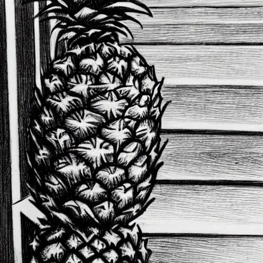 Image similar to a sketch of a pineapple sitting on a porch, sad, shadows,