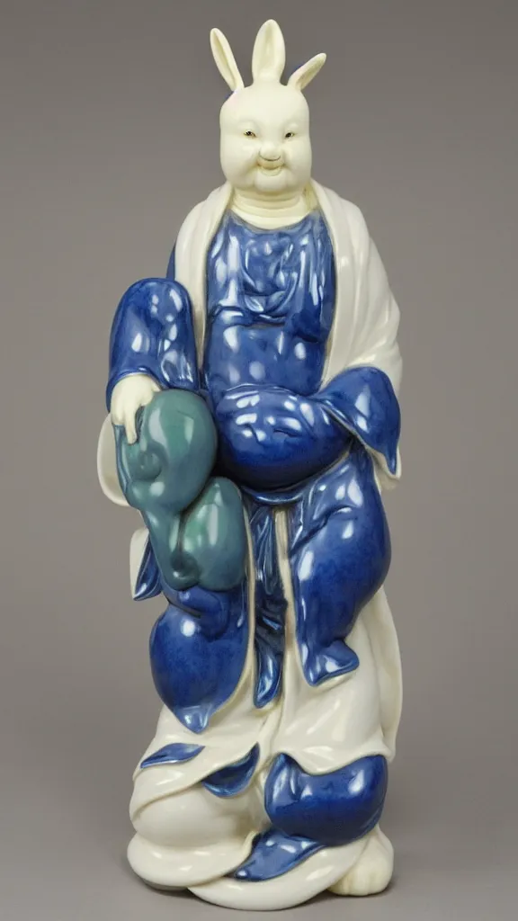 Image similar to porcelain rabbit head budda statue with blue details having a japanese kiseru in hand painted by john singer sargent