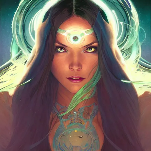 Image similar to cyborg, female, fantasy, bioluminiscence, flowing hair, portrait, highly detailed, digital painting, beautiful eyes, symmetry, concept art, sharp focus, illustration, art by artgerm and greg rutkowski and magali villeneuve and ilya kuvshinov! : : alphonse mucha : : - 0. 2