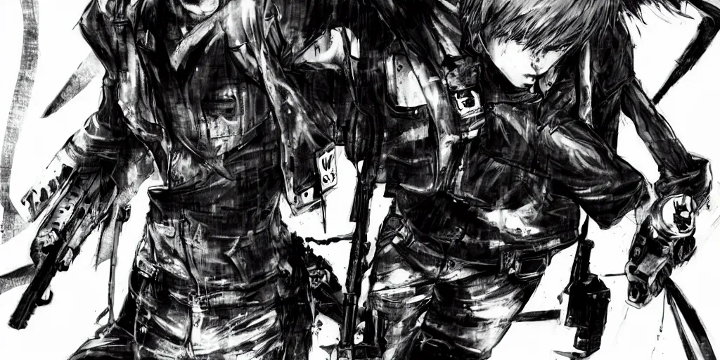 Image similar to a full - body portrait of denji from chainsaw man, in yoji shinkawa's art style, in a graveyard as a background, metal gear solid art style, manga, highly detailed, 4 k, artistic, b & w