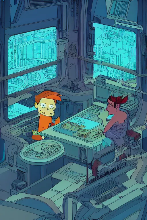 Prompt: fry from futurama by feng zhu and loish and laurie greasley, victo ngai, andreas rocha, john harris radiating a glowing aura global illumination ray tracing hdr