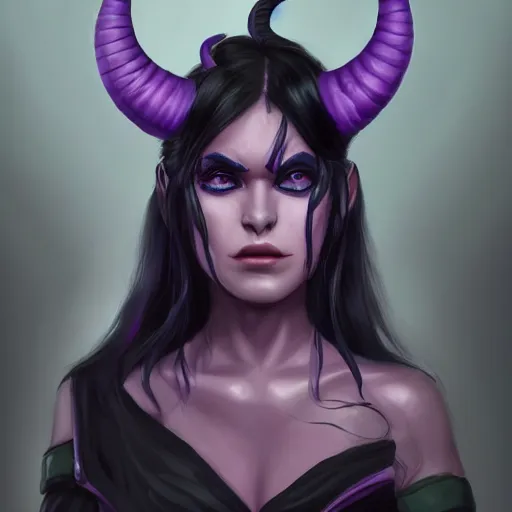 Prompt: a portrait of a tiefling with purple skin and black hair, black horns, blue eyes stunning digital painting trending on artstation