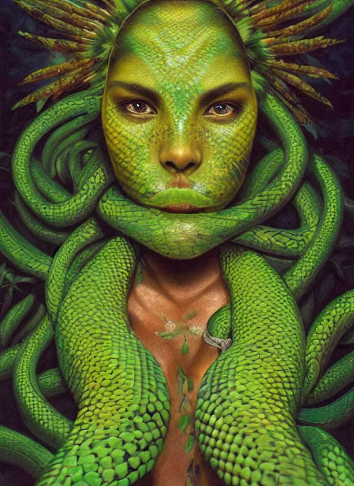 Prompt: the ayahuasca vine plant spirit mixed with the face of a beautiful indigenous woman with a third eye in the jungle, green snake skin and yellow snake eyes, beautiful colors, matte painting, by christophe vacher