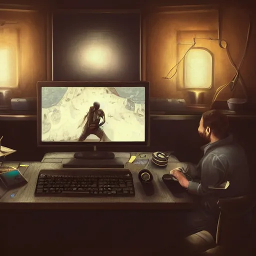 Image similar to realistic successful man using laptop in gaming room, artstation trends, future concept art, highly detailed, intricate, sharp focus, digital art, 8 k