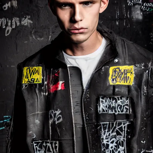 Prompt: an award - winning editorial photo of a male model wearing a distressed baggy cropped leather menswear jacket with graffiti all over, 4 k, studio lighting