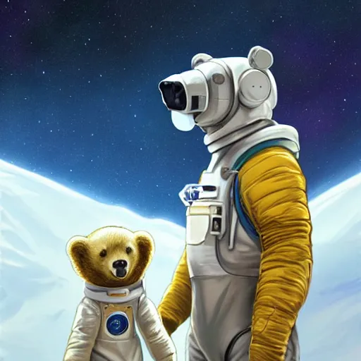 Prompt: a bear in a astronaut suit and walter white, intricate, walter white, highly detailed, digital painting, artstation, concept art, smooth, sharp focus, illustration, unreal engine 5, 8 k, art by artgerm and greg rutkowski and alphonse mucha