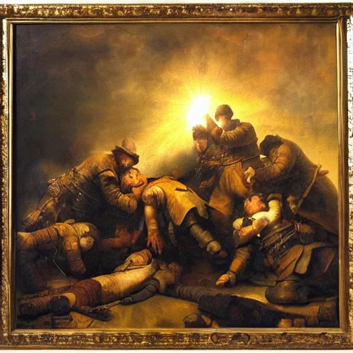 Prompt: dramatic Rembrandt style painting of future soldiers dying on the battlefield, lasers flying over head, very sad very dramatic