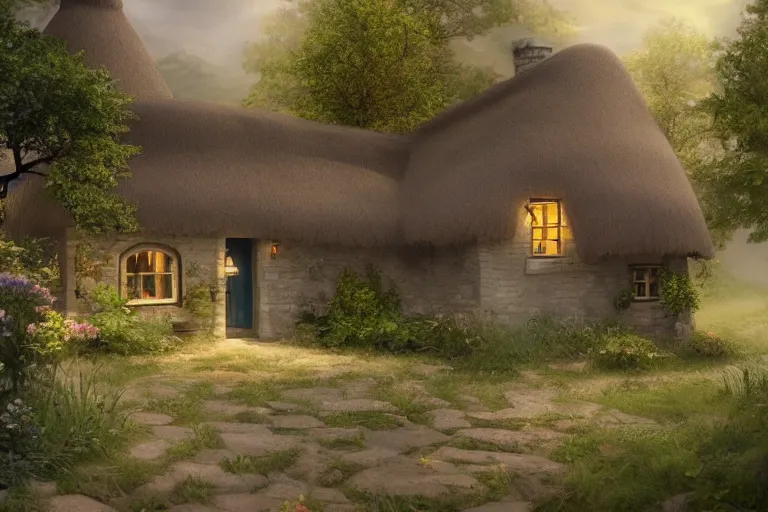 Prompt: a beautiful matte painting of a little cottage, trending on artstation, 1 2 k, ultra realistic