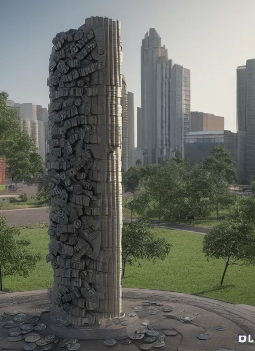 Image similar to highly detailed realistic architecture 3 d render of a futurisctic stele made from stacks of coins standing in a city park, archdaily, made in unreal engine 4 octane render