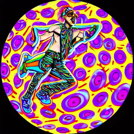 Image similar to svg sticker of a Dancing-Alex-Grey-Psychedelic-Rave-Man, at a rave, spinning records, giant headphones rocking out, wearing headphones, huge speakers, dancing, rave, DJ, spinning records, digital art, amazing composition, rule-of-thirds, award-winning, trending on artstation, featured on deviantart