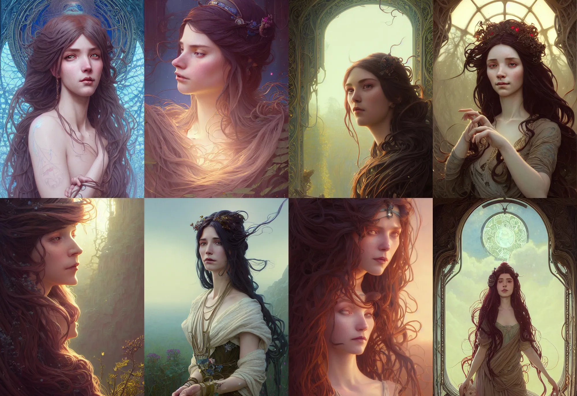 Image similar to highly detailed portrait of a woman with long hairs, stephen bliss, unreal engine, fantasy art by greg rutkowski, art nouveau, loish, rhads, ferdinand knab, makoto shinkai and lois van baarle, ilya kuvshinov, rossdraws, tom bagshaw, alphonse mucha, global illumination, radiant light, detailed and intricate environment