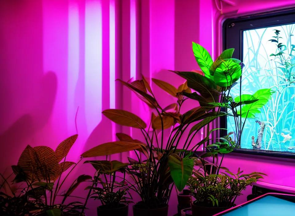 Image similar to telephoto 7 0 mm f / 2. 8 iso 2 0 0 photograph depicting a single purple alien jungle plant in a cosy cluttered french sci - fi ( art nouveau ) cyberpunk apartment in a pastel dreamstate art cinema style. ( computer screens, window ( city ), leds, lamp, ( ( ( aquarium bed ) ) ) ), ambient light.