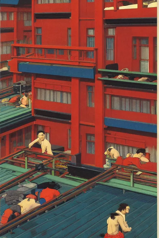 Image similar to workers exploited, living in hostels with bunk beds stacked on top of one another, by kawase hasui, moebius and edward hopper, colorful flat surreal design, hd, 8 k, artstation