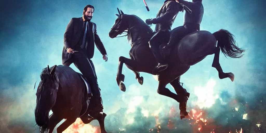 Image similar to Keanu Reaves riding a unicorn, a still over the shoulder from behind shot from John Wick 2, shooting a gun at a man dressed in a Mario Luigi costume, epic fantasy style, digital art