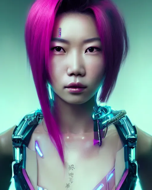 Image similar to portrait of a beautiful asian woman with pink hair as a cyberpunk cyborg half robot, sci - fi, missing panels, intricate abstract upper body intricate artwork, concept art, octane render, deviantart, cinematic, key art, hyperrealism, iridescent accents, portrait photograph, nikon 3 5 mm, photograph by greg rutkowski