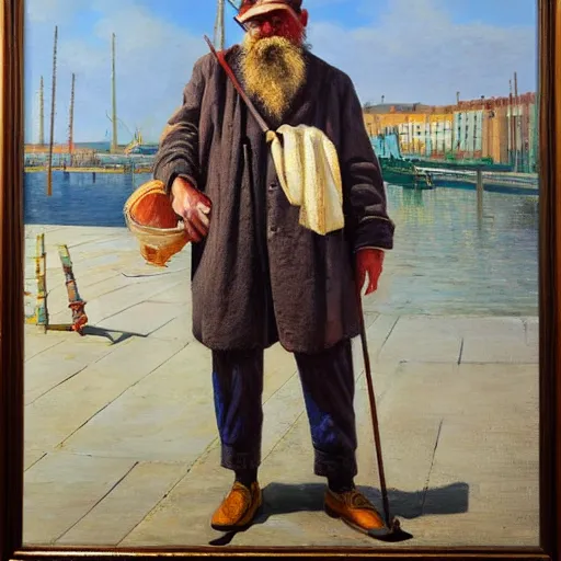 Prompt: painting of sailor hobo hyperrealism vasily vereshchagin at harbor steamboat