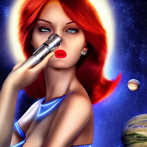 Image similar to space redhead in a tight blue dress with a planet in the background holding a laser gun up, realistic mouth, realistic, high definition, detailed and symetric face, detailed and realistic hands, expressive eyes, 4 k, shimmering color, epic digital art