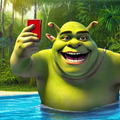 Image similar to shrek taking a selfie in a swimming pool in the middle of the jungle, highly detailed, digital painting, artstation, concept art