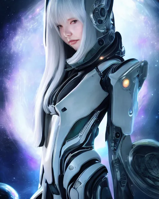 Image similar to photo of a android girl on a mothership, warframe armor, beautiful face, scifi, hood, futuristic background, galaxy raytracing, masterpiece, ethereal, beauty, long white hair, blue cyborg eyes, cosmic wind, priestess, 8 k high definition, insanely detailed, intricate, innocent, art by akihiko yoshida, antilous chao, woo kim