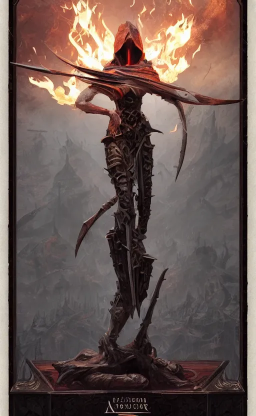 Prompt: dagger with symmetrical dagger features is legendary artifact posed on wooden stand, flames and smoke, library background, front game card, drark, marvel comics, dark, intricate, highly detailed, smooth, artstation, digital illustration by ruan jia and mandy jurgens and artgerm and wayne barlowe and greg rutkowski and zdislav beksinski