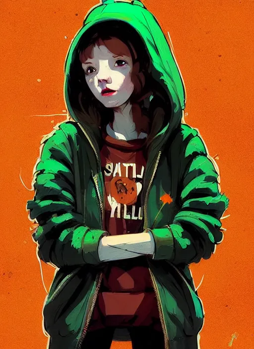 Prompt: highly detailed portrait of a sewer seattle young lady, tartan hoody, by atey ghailan, by greg rutkowski, by greg tocchini, by james gilleard, by joe fenton, by kaethe butcher, gradient green, brown, blonde crea, orange, brown and white color scheme, grunge aesthetic!!! ( ( graffiti tag wall background ) )