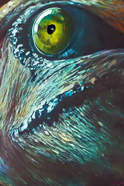 Prompt: oil painting, close-up, hight detailed, film photography of film photography of film photography of melting creature looking at film photography, in style of 80s sci-fi art