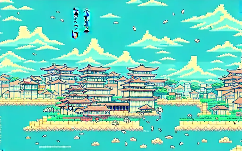 Image similar to a japanese city near the sea, lofi, dreamy, moody, anime inspiration, ghibli vibe, pixelart