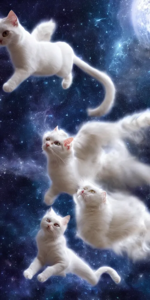 Image similar to white cats floating in space. andromeda in the background, 4k, high quality photo