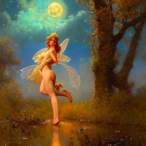 Image similar to attractive fairy magically floating high in the night, fantasy, full moon in background. highly detailed painting by gaston bussiere, craig mullins, j. c. leyendecker, sharp focus, 8 k