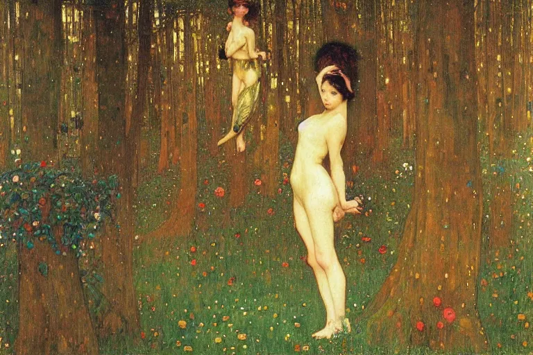 Image similar to dance of fairies in a forest at night, glowing, painting, muted colors, magical, by klimt, by alphonse mucha, by john william waterhouse