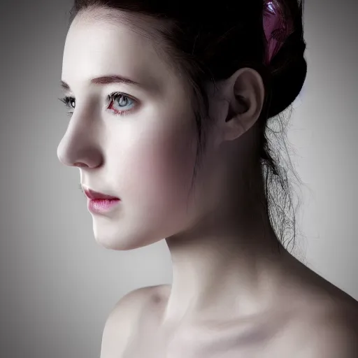 Prompt: portrait of a beautiful young lady with silver eyes, by Mackintosh, rule of thirds, fair complexity, 4k quality