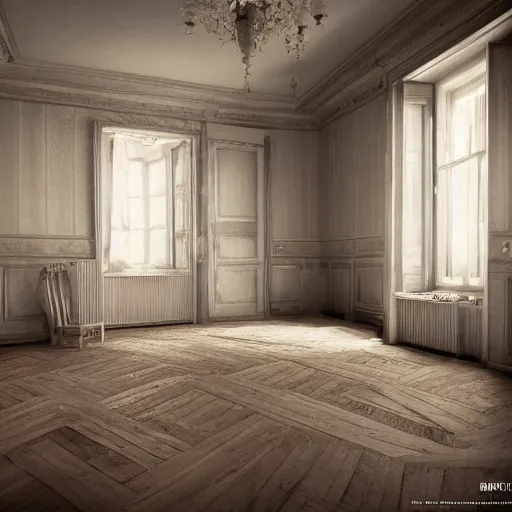 Image similar to a detalied 3 d render of a shabby chic room, by valentin franke, ilya galinsky trending of artstation, photorealism, fashion photography