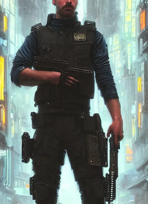 Prompt: 🧗. cyberpunk police trooper in a military vest ( blade runner 2 0 4 9, cyberpunk 2 0 7 7 ). orientalist portrait by john william waterhouse and james gurney and theodore ralli and nasreddine dinet, oil on canvas. cinematic, hyper realism, realistic proportions, dramatic lighting, high detail 4 k