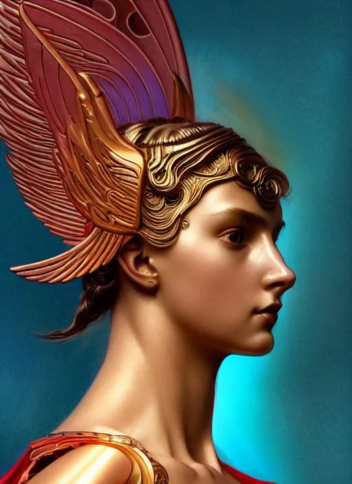 Image similar to nike godess of victory, wings, wax figure, glowing eyes, volumetric lights, red and cyan theme, art nouveau botanicals, intricate, highly detailed, digital painting, artstation, concept art, smooth, sharp focus, cinematic, illustration, beautiful face, art by artgerm and greg rutkowski and alphonse mucha