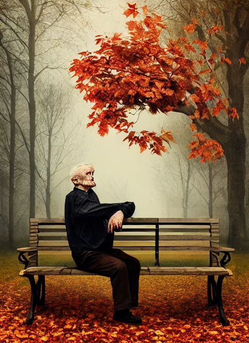 Image similar to man into leaves. conceptual photography portrait of an old man on a park bench falling apart into leaves, autumn tranquility, forgetfulness, fading to dust and leaves, oblivion, inevitability, aging, surreal portrait, moody, by tom bagshaw, hopeless, 4 k