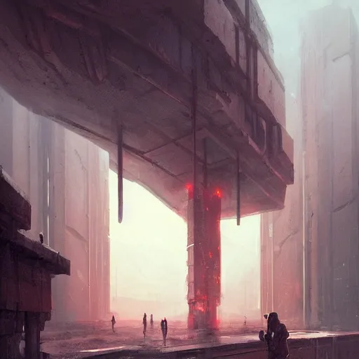 Prompt: concept art by greg rutkowski, desolate space colony exterior, megalithic brutalist buildings, harsh environment, reddish lighting, depressing atmosphere, scifi, highly detailed portrait, digital painting, artstation, concept art, smooth, sharp foccus ilustration, artstation hq