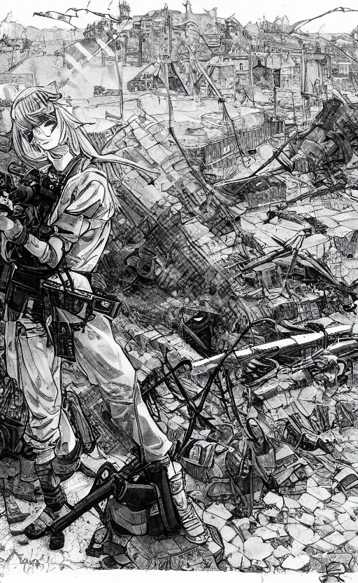 Image similar to manga style, modern warfare, panoramic view of a girl under artillery fire, trench sandbags in background, soldier clothing, long hair, hair down, symmetrical facial features, from shonen jump, wallpaper, trending pixiv, black ink, volumetric lighting, by alphonse mucha, greg rutkowski, cushart kenz, sharp focus, backlit