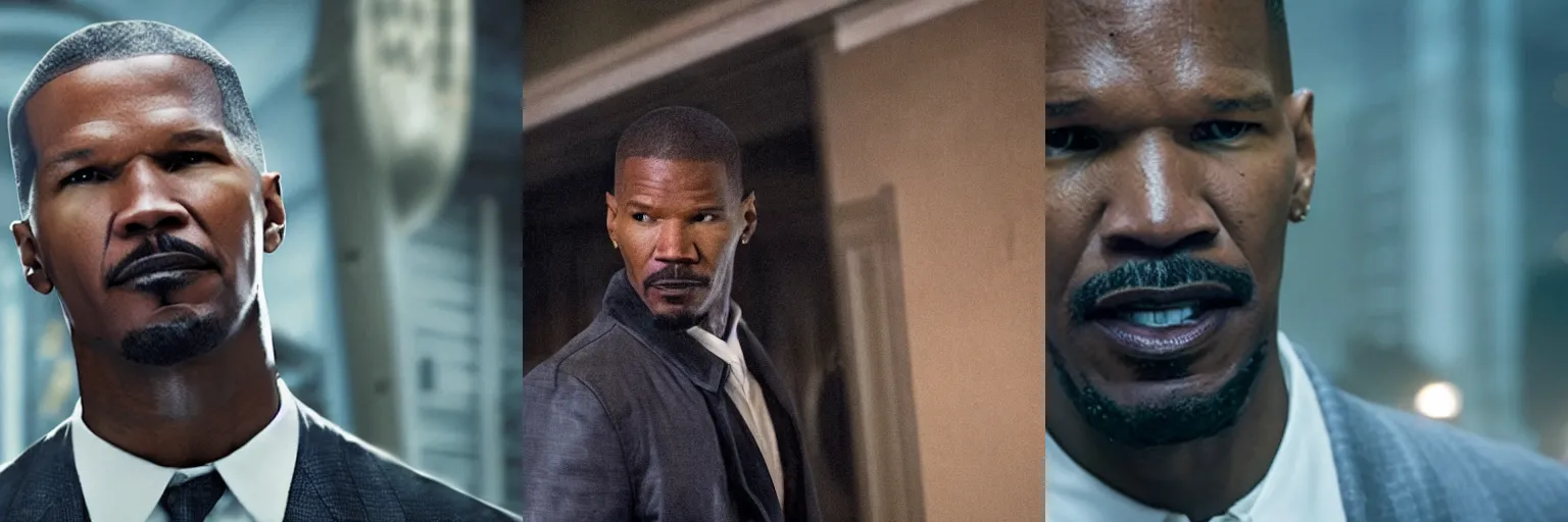 Prompt: close-up of Jamie Foxx as a detective in a movie directed by Christopher Nolan, movie still frame, promotional image, imax 70 mm footage