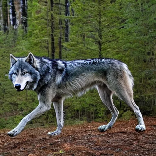 Prompt: a giant gray wolf with wings and glowing green eyes flying through a forrest hunting prey