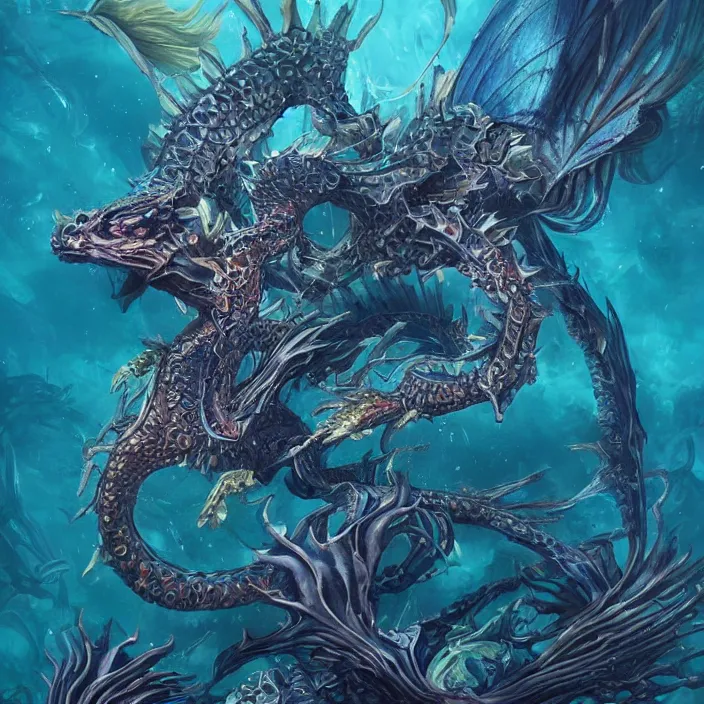 Image similar to underwater sea dragon full body, d & d style, trending on artstation, intricate, highly detailed, vivid painting, colorful, art by yugin maffioli