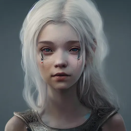 Prompt: portrait of a young female dwarf with silver hair and light skin closed eyes fantasy artwork epic detailed and intricate digital painting trending on artstation by wlop octane render