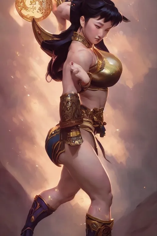 Image similar to beautiful chun li, full body shot, d & d, fantasy, intricate, elegant, highly detailed, digital painting, artstation, concept art, matte, sharp focus, illustration, hearthstone, art by artgerm and greg rutkowski and alphonse mucha