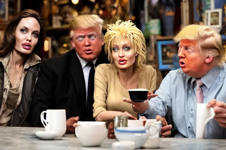 Prompt: Angelina Jolie, boris johnson, The Alien from the movie 'Alien', dolly parton, donald trump are best friends, drinking coffee at central perk, still photo, hyperrealistic, 35mm, 8k, by weta digital