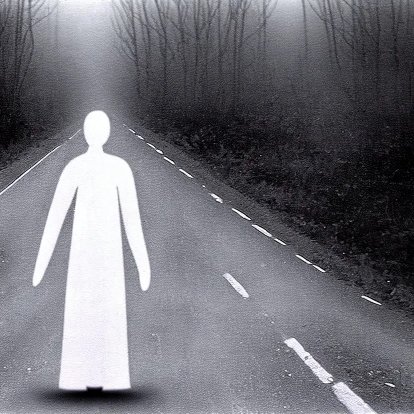Prompt: 1 9 8 0's recovered film of a pale white figure standing silently on the side of a misty road, photorealistic, grainy, camcorder, old film, low quality, horror, creepy, unsettling, liminal, strangely terrifying