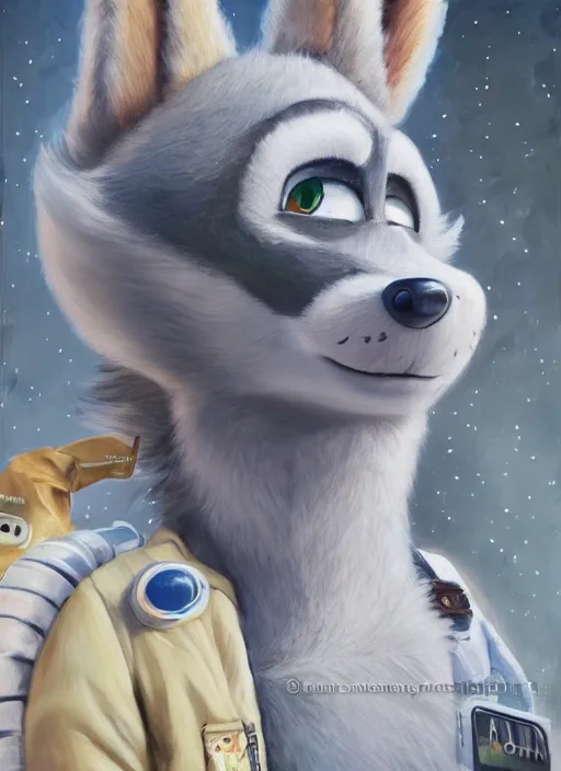 Image similar to oil painting detailed full body of anthromorphic female wolf, in style of zootopia, zootopia, zootopia, fursona, furry, furaffinity, 4 k, deviantart, furry art, fursona art, wearing astronaut outfit, in style of zootopia, wolf fursona, cyberpunk, female, expressive, detailed feminine face,